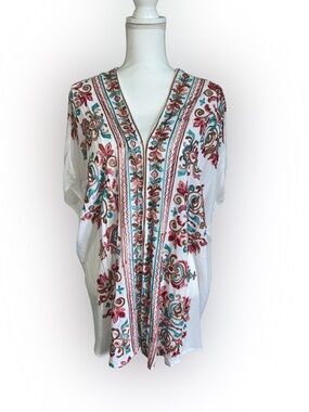 Umgee White Embroidered V-Neck Tunic with Pink & Teal Accents